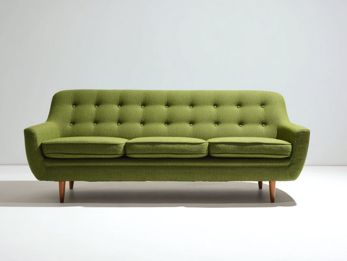 Sofás 3 plazas tapizados en tejido 220x90x85 cm - verde oliva-madera natural - diseño retro con respaldo capitoné