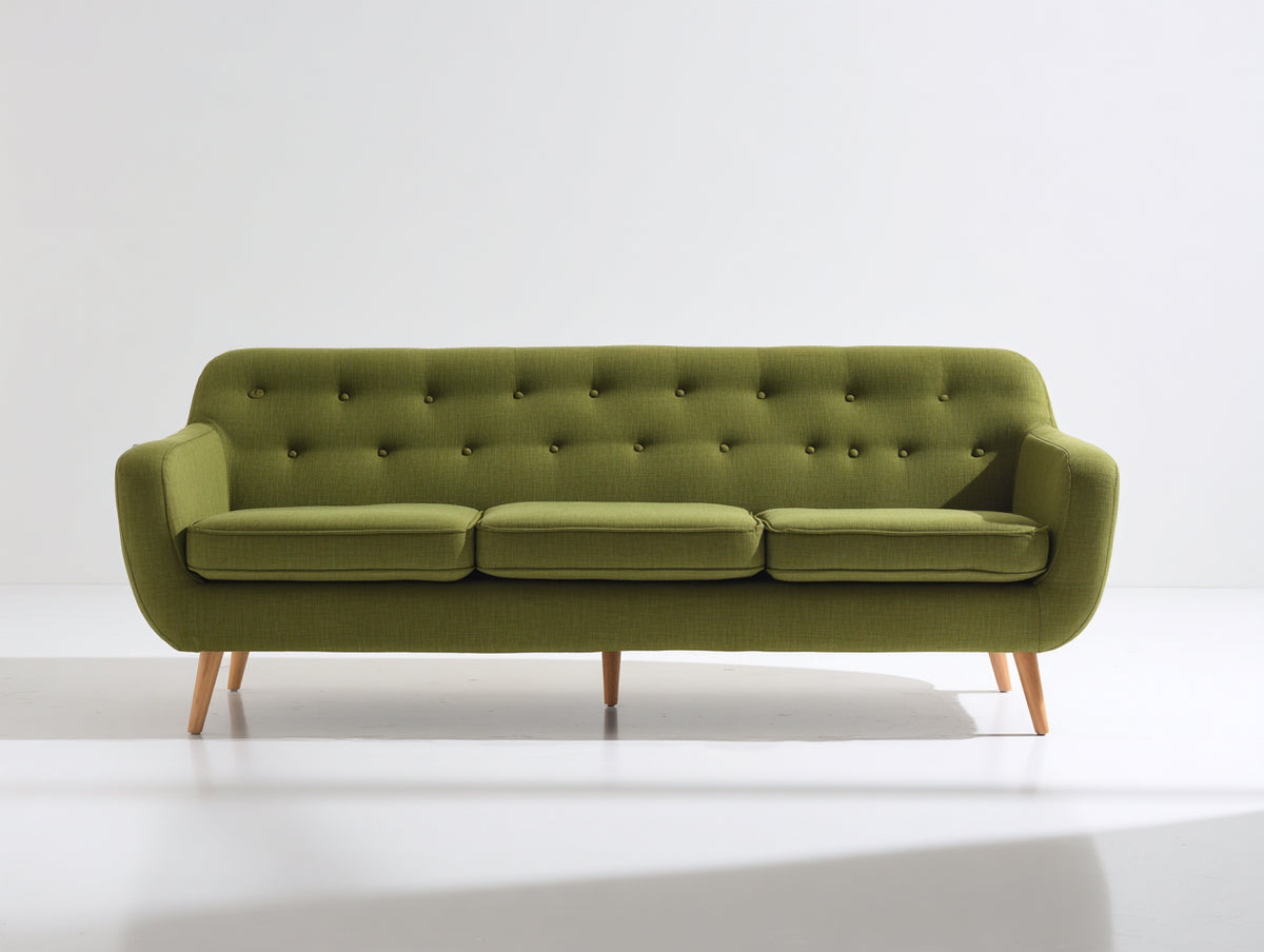 Sofás 3 plazas tapizados 220 x 88 x 84 cm - verde oliva y madera natural - diseño moderno con respaldo capitoné