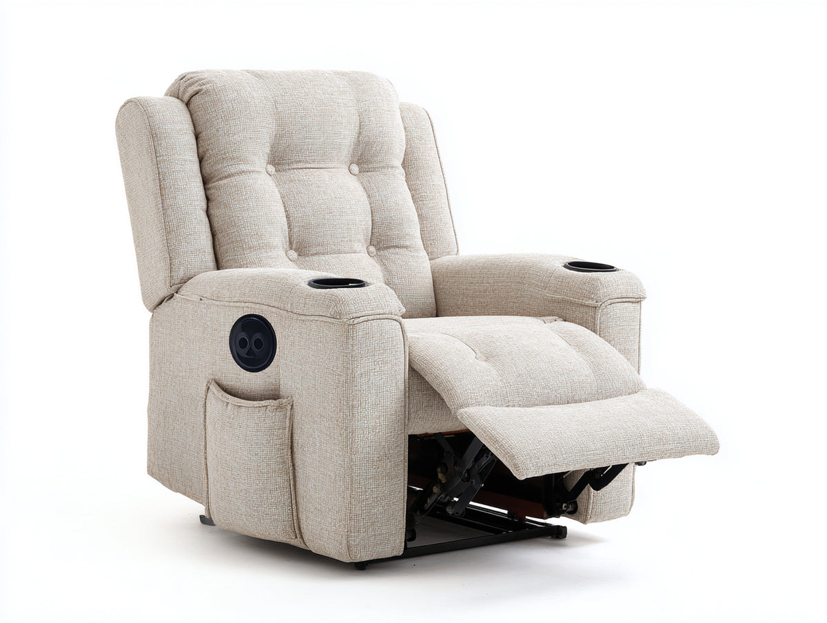 Sillones reclinables tapizados 92x95x105 cm - Beige - Reposapiés extensible portavasos y diseño acolchado
