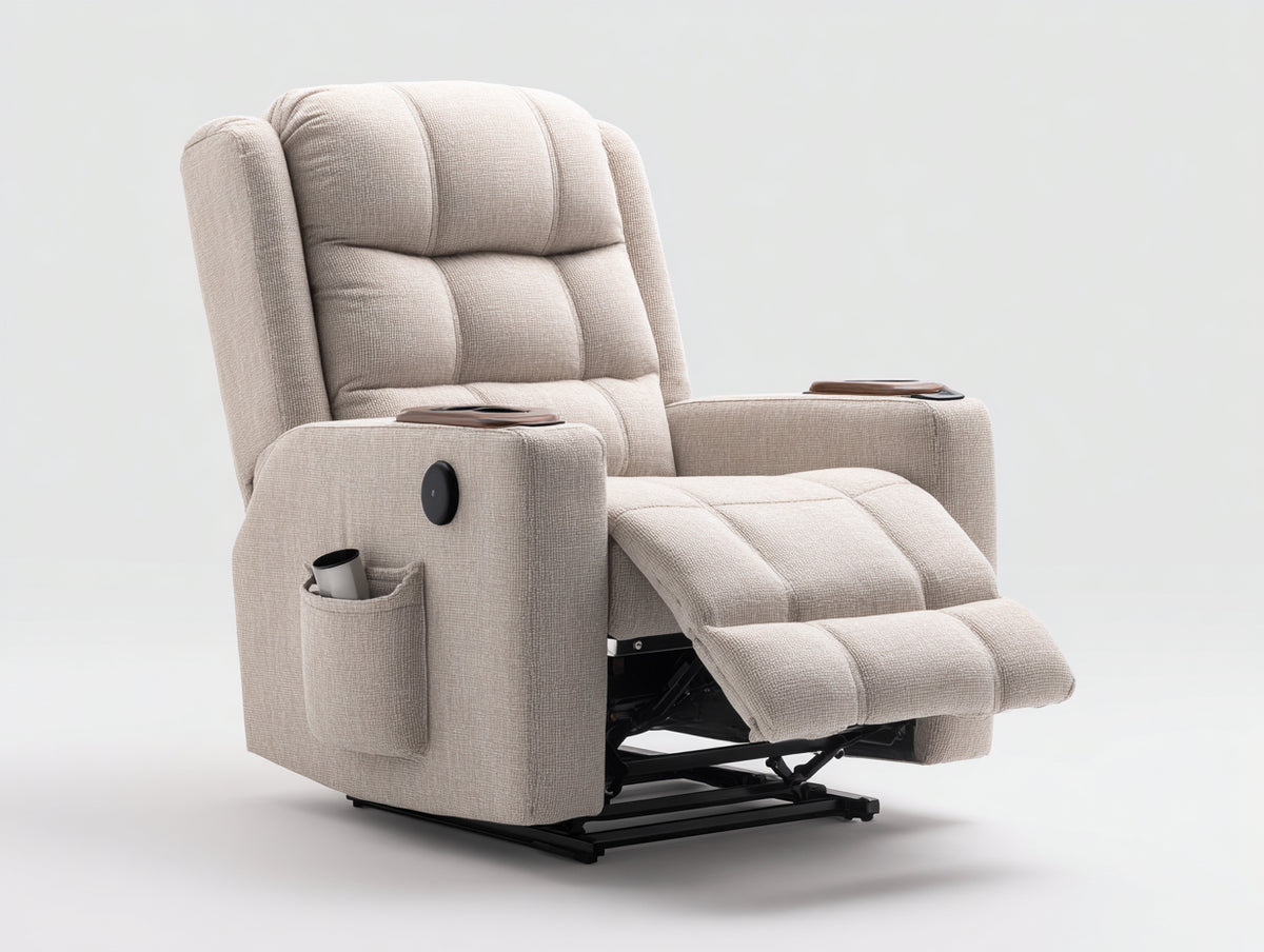 Sillones reclinables tapizados 95x95x105 cm - beige claro y negro - reposapiés elevable con portavasos y bolsillo lateral