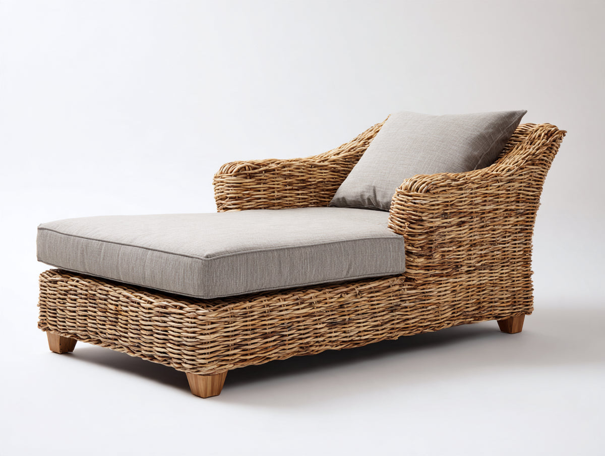 Tumbonas de ratán 180 x 90 x 85 cm - marrón natural y gris claro - diseño amplio con respaldo envolvente y asiento acolchado