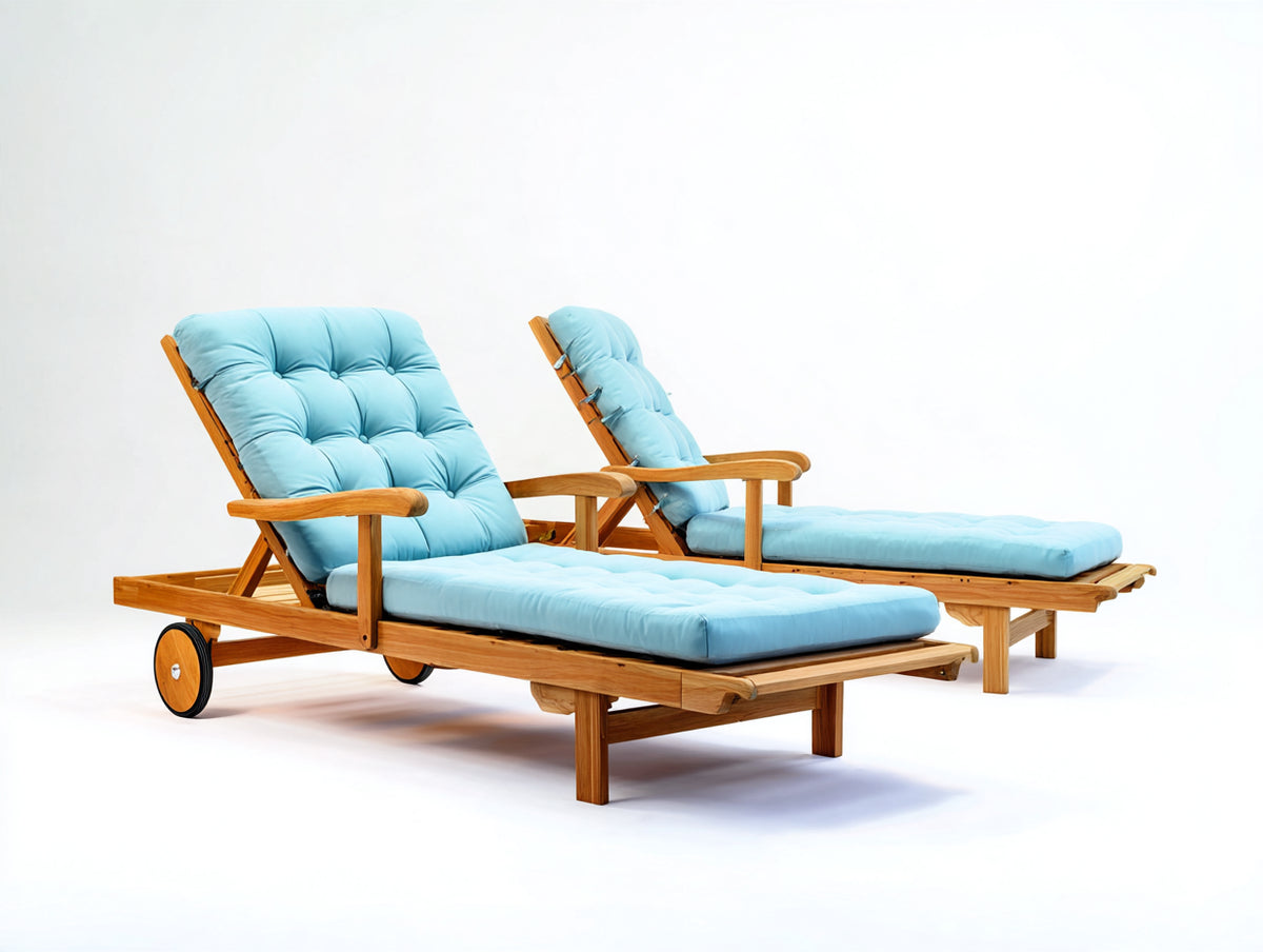 Tumbonas de madera maciza 205x78x100 cm - Azul claro-Color madera natural - Respaldo reclinable reposabrazos y ruedas