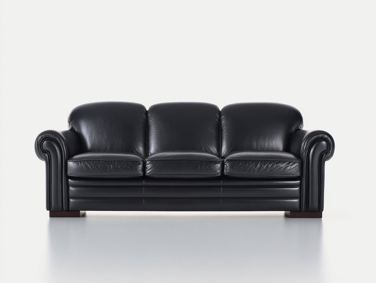 Sofás 3 plazas tapizados en cuero 210x95x90 cm - negro y marrón oscuro - brazos enrollados diseño clásico