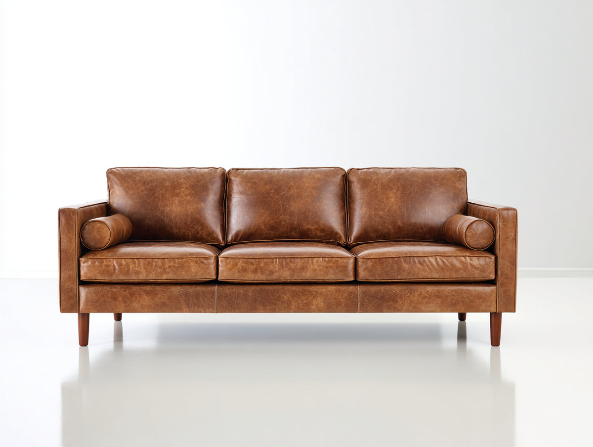 Sofás 3 plazas tapizados 215 x 88 x 85 cm - coñac y madera oscura - diseño clásico moderno con asiento acolchado