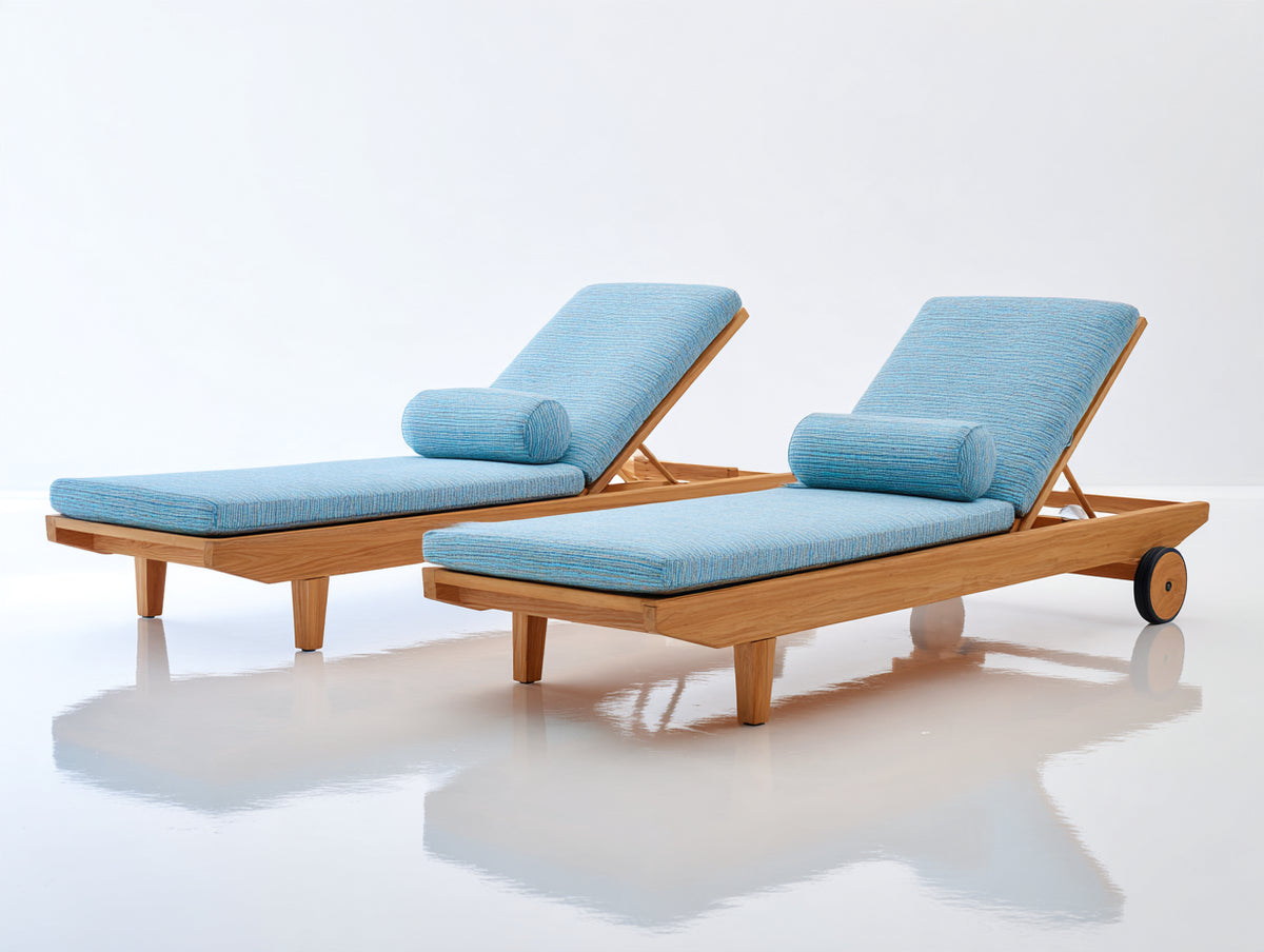 Tumbonas de madera maciza 205x75x98 cm - Azul claro-Color madera natural - Respaldo reclinable y ruedas