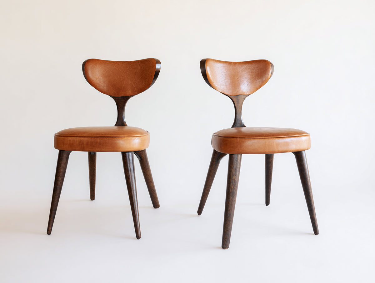 Sillas de comedor tapizadas 52 x 56 x 80 cm - coñac y madera oscura - respaldo curvo de diseño retro
