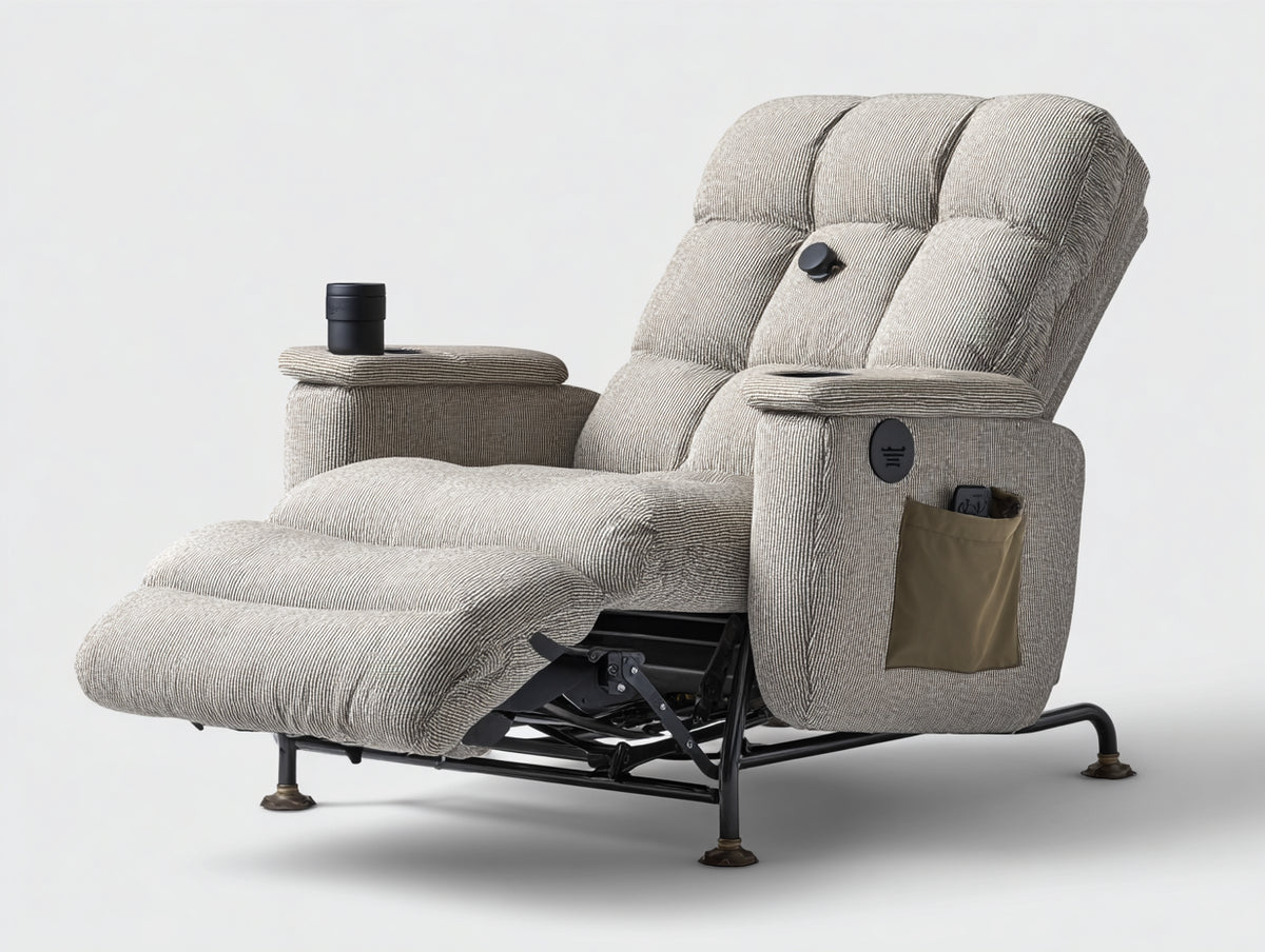 Sillones reclinables tapizados en tela 95x92x105 cm - beige grisáceo - reposapiés elevable con portavasos y bolsillo lateral