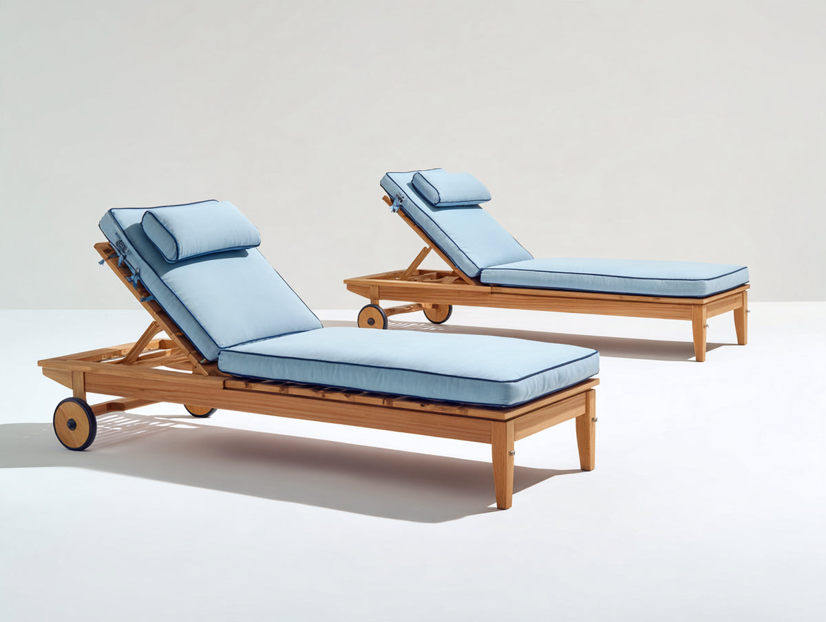 Tumbonas de madera 200x70x35 cm - madera natural-azul claro - respaldo reclinable con ruedas