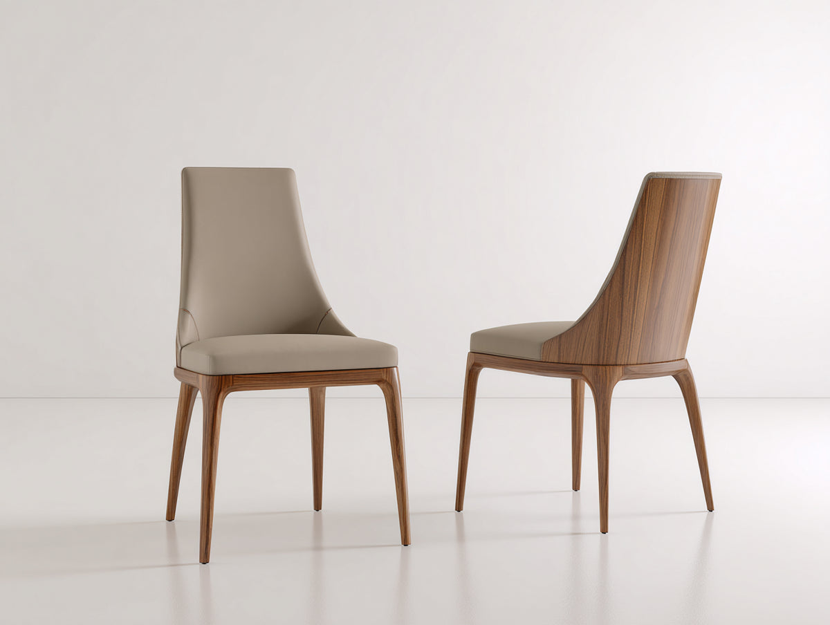Sillas de comedor tapizadas en piel sintética 50x58x90 cm - gris topo y nogal - respaldo alto con carcasa de madera y diseño moderno