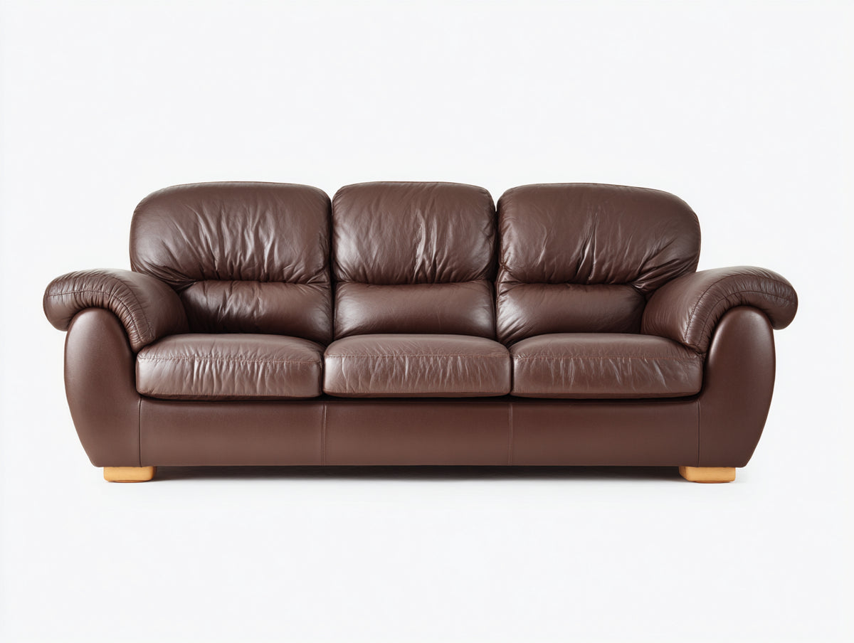 Sofás 3 plazas tapizado en piel sintética 220x95x95 cm - marrón oscuro - respaldo acolchado y reposabrazos redondeados